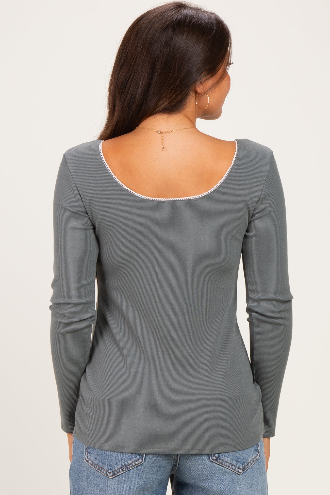 Olive Ribbed Rosette Trim Detail Maternity Long Sleeve Top