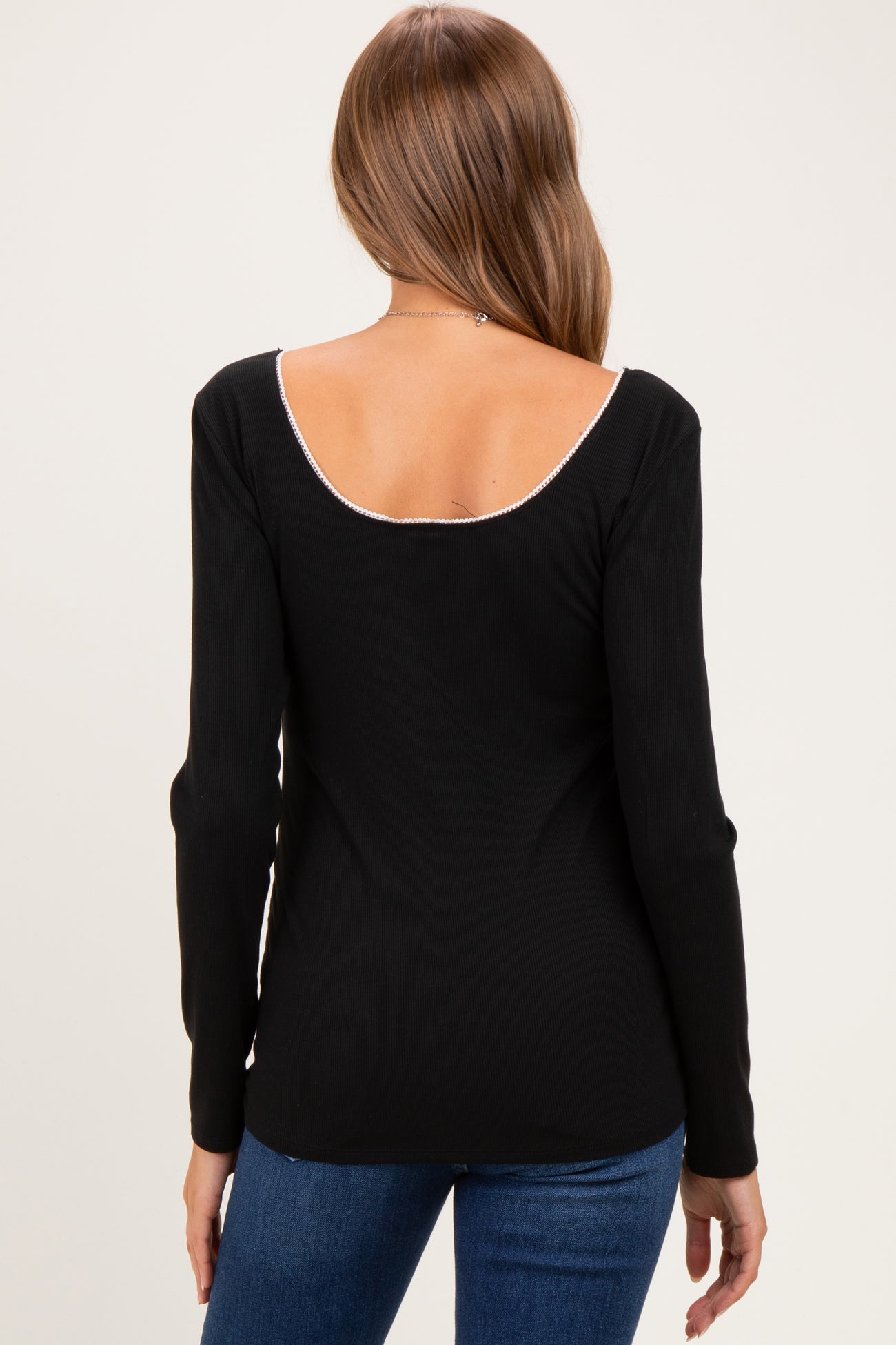 Black Ribbed Rosette Trim Detail Maternity Long Sleeve Top