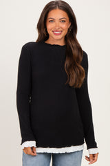 Black/White Maternity Mock Neck Ruffle Edge Long Sleeve Top