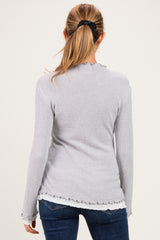 Grey/White Maternity Mock Neck Ruffle Edge Long Sleeve Top