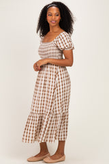 Cream Plaid Smocked Puff Sleeve Tiered Midi Dress