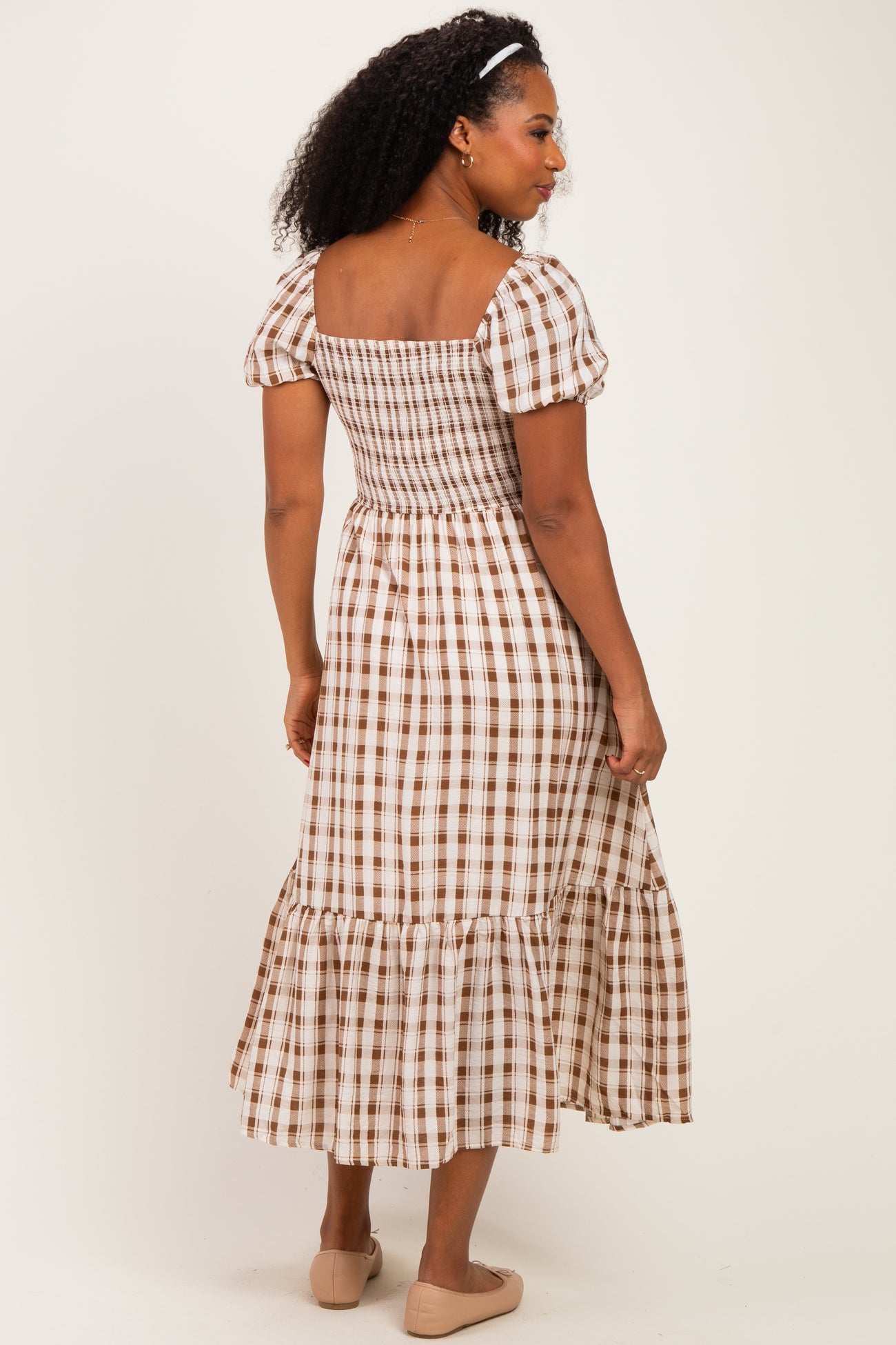 Cream Plaid Smocked Puff Sleeve Tiered Midi Dress