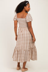 Cream Plaid Smocked Puff Sleeve Tiered Midi Dress