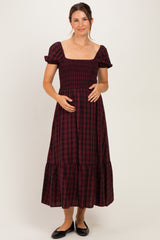 Burgundy Plaid Smocked Puff Sleeve Tiered Maternity Midi Dress