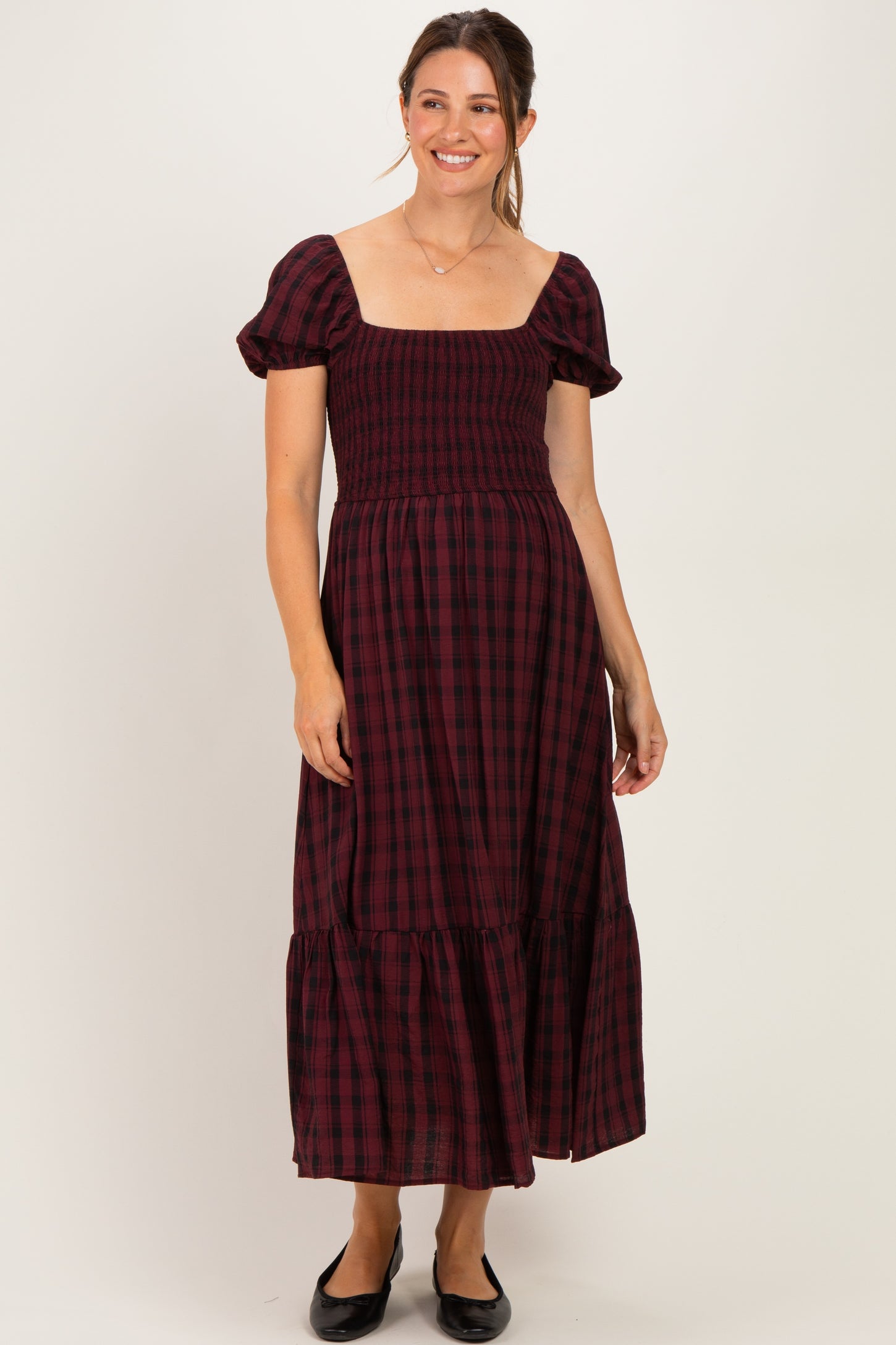 Burgundy Plaid Smocked Puff Sleeve Tiered Maternity Midi Dress