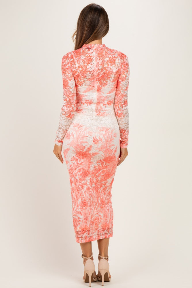 Peach Floral Long Sleeve Mesh Maternity Midi Dress