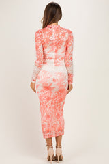 Peach Floral Long Sleeve Mesh Maternity Midi Dress