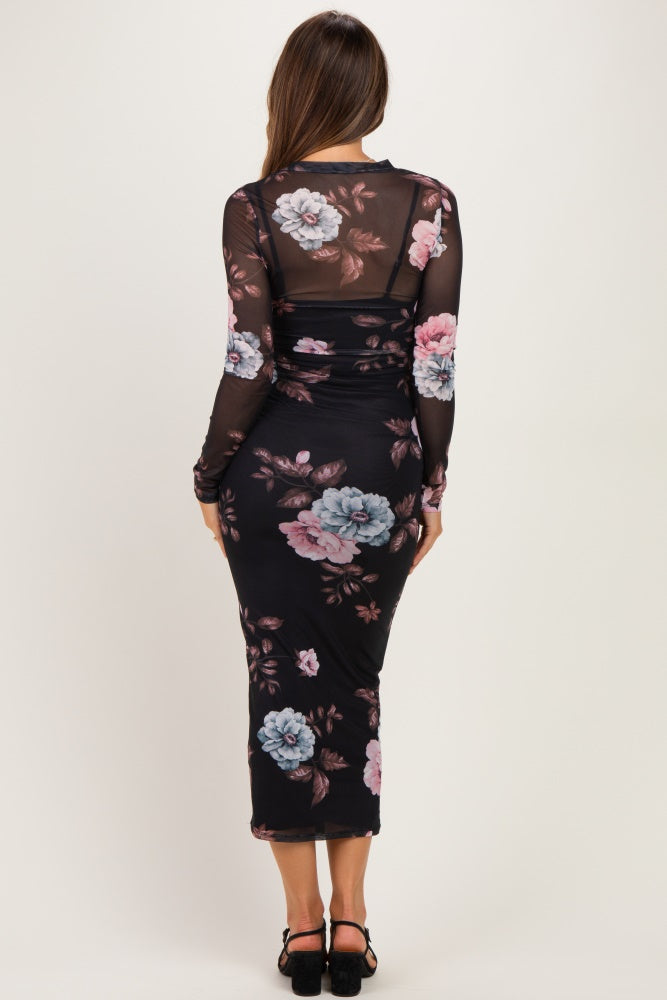 Black Floral Long Sleeve Mesh Maternity Midi Dress