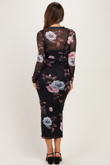 Black Floral Long Sleeve Mesh Maternity Midi Dress