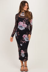 Black Floral Long Sleeve Mesh Maternity Midi Dress