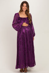 Plum Jacquard Smocked Ruffle Maternity Maxi Dress