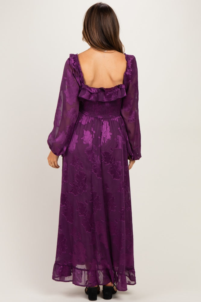 Plum Jacquard Smocked Ruffle Maternity Maxi Dress