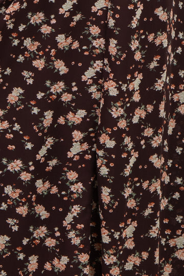 maternity wear in a dark brown floral print with pink and cream flowers and a soft flowy fabric