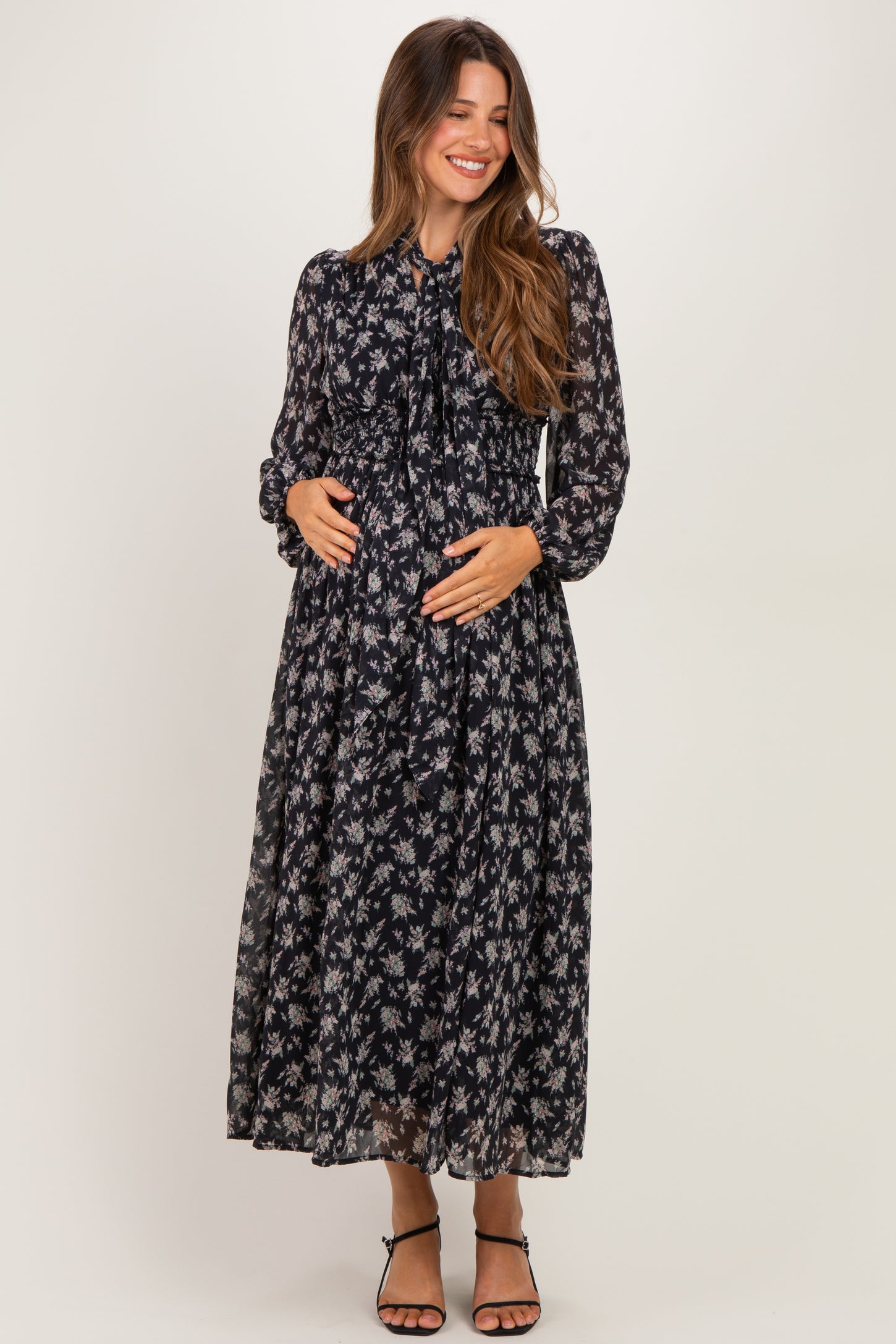 Black Floral Tie Neck Maternity Maxi Dress
