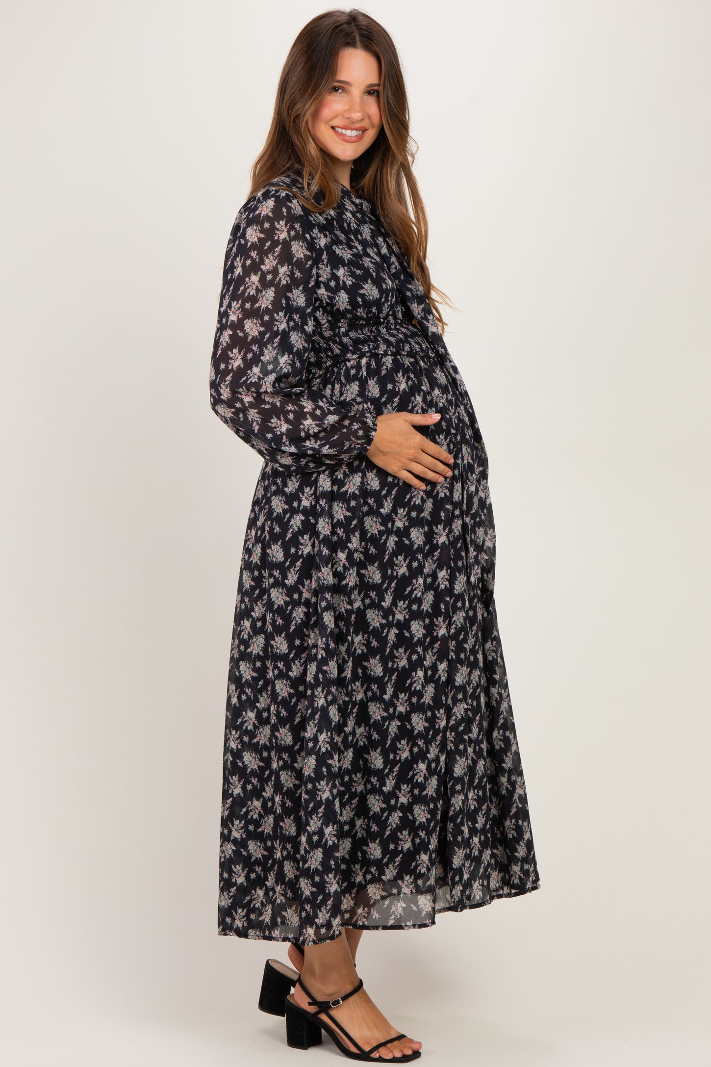 Black Floral Tie Neck Maternity Maxi Dress