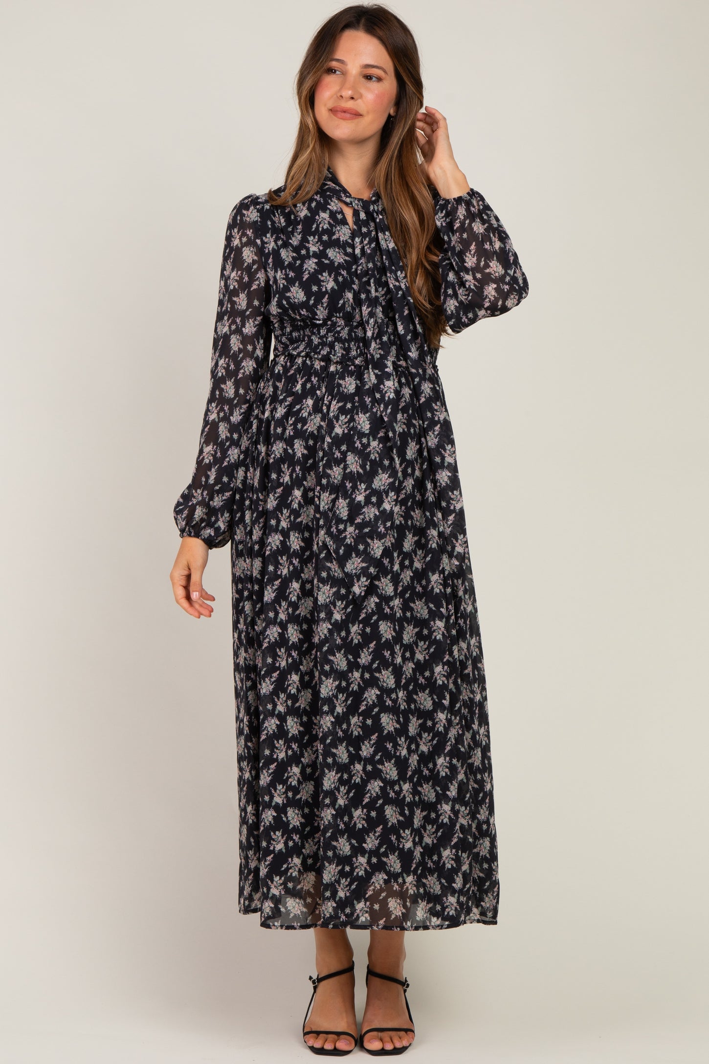 Black Floral Tie Neck Maternity Maxi Dress
