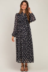 Black Floral Tie Neck Maternity Maxi Dress