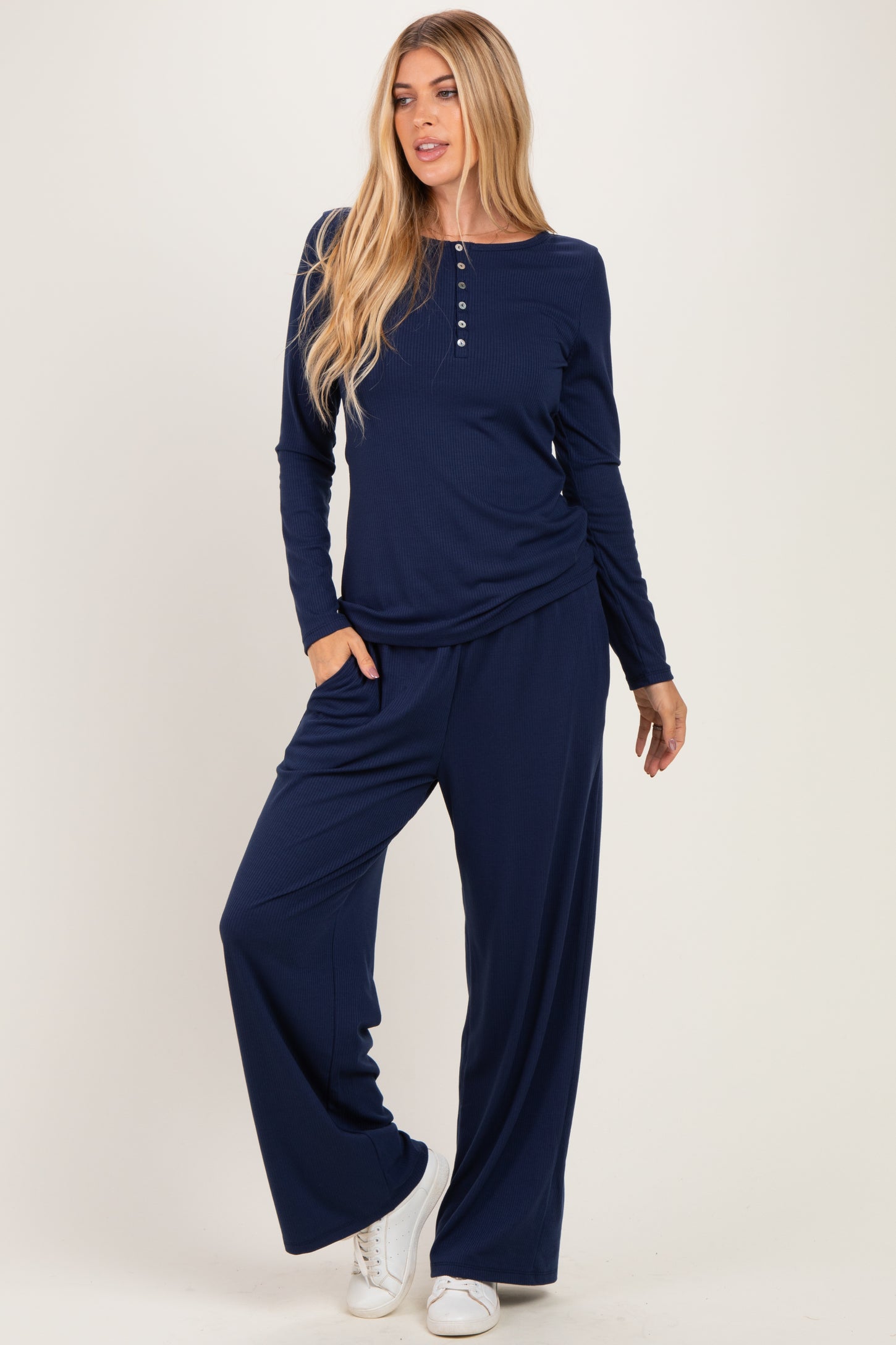 Navy Henley Wide Leg Pant Lounge Set