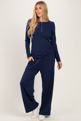 Navy Henley Wide Leg Pant Lounge Set