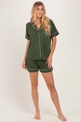 Army Green Short Sleeve Button Down Shirt Shorts Set