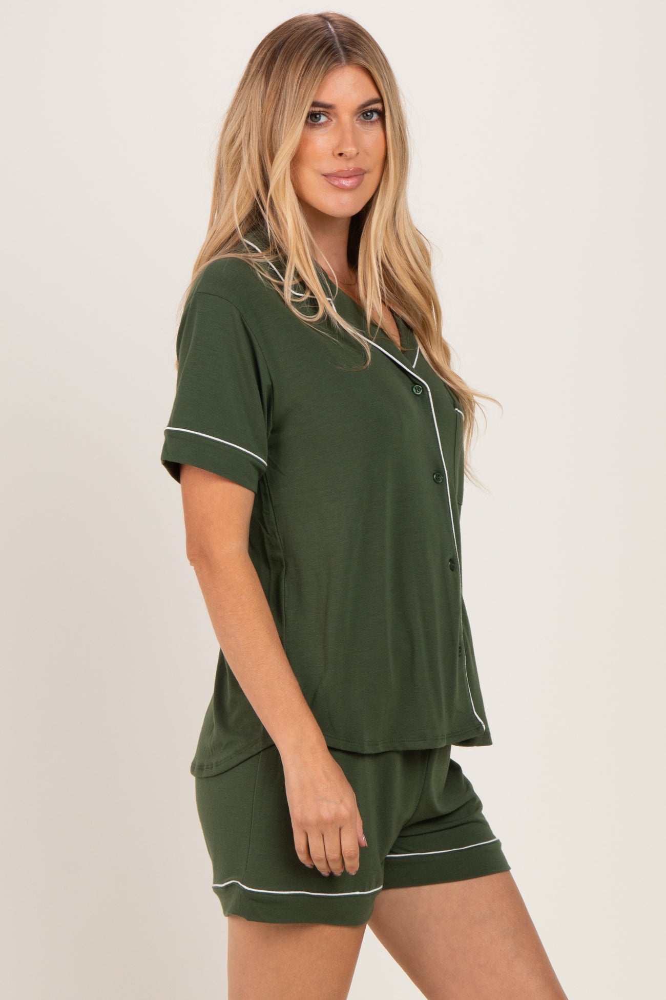 Army Green Short Sleeve Button Down Shirt Shorts Set