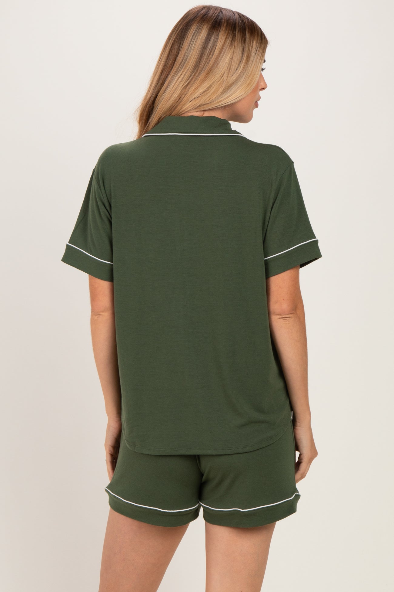 Army Green Short Sleeve Button Down Shirt Shorts Set