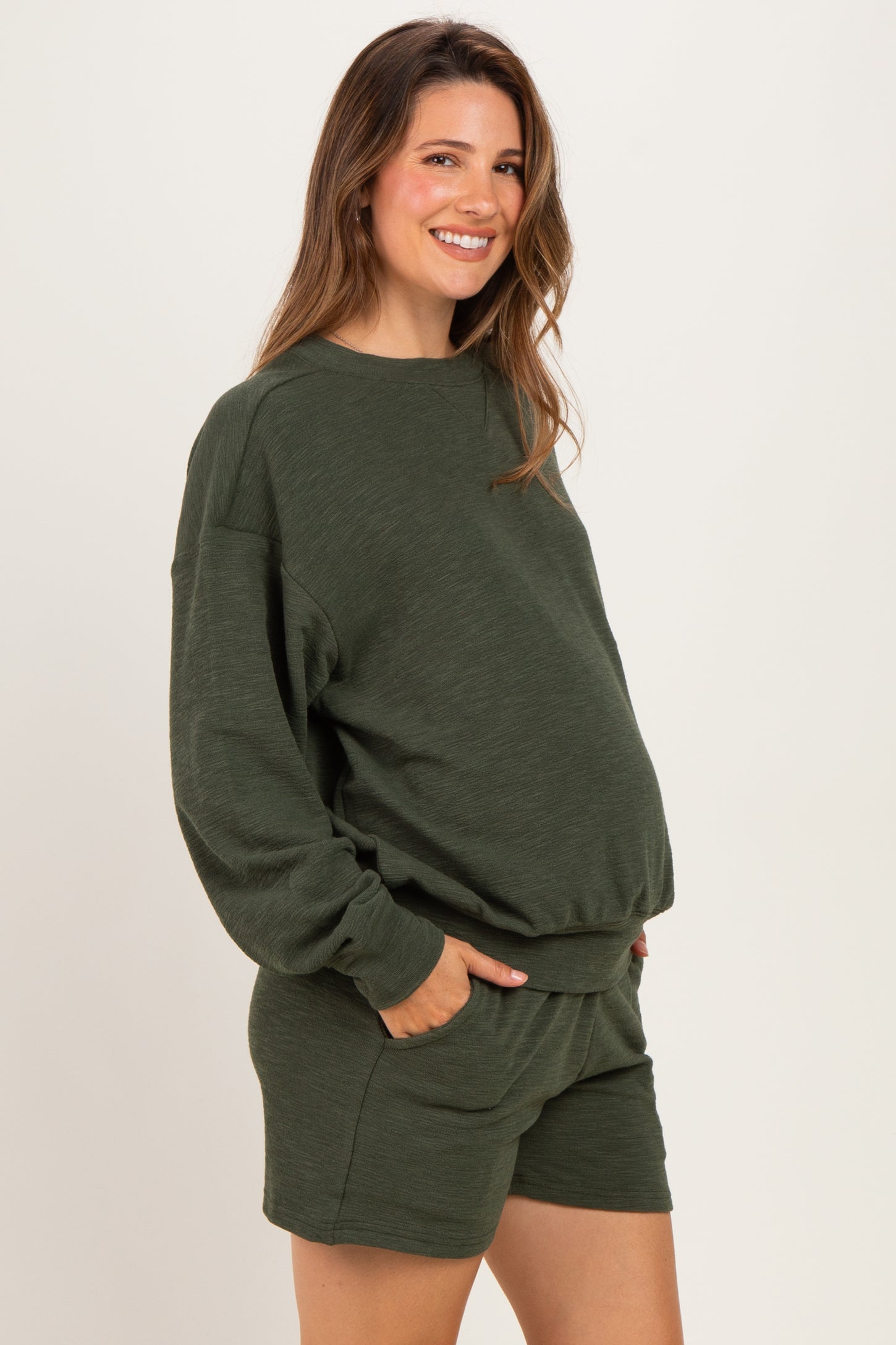 Dark Olive Maternity Pullover & Shorts Set
