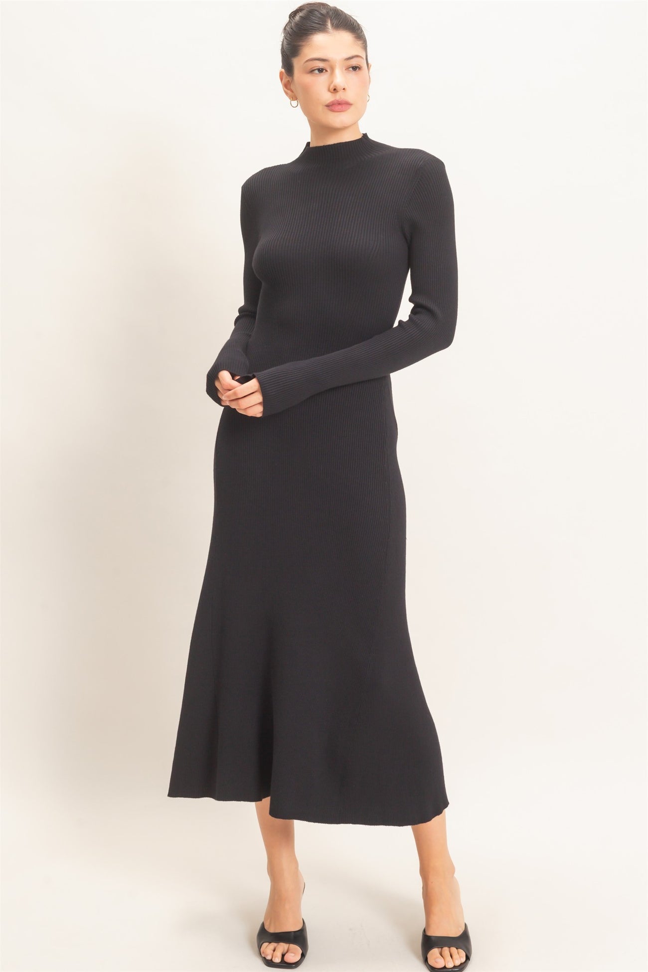 Black Ribbed Mock Neck Long Sleeve Midi Dress