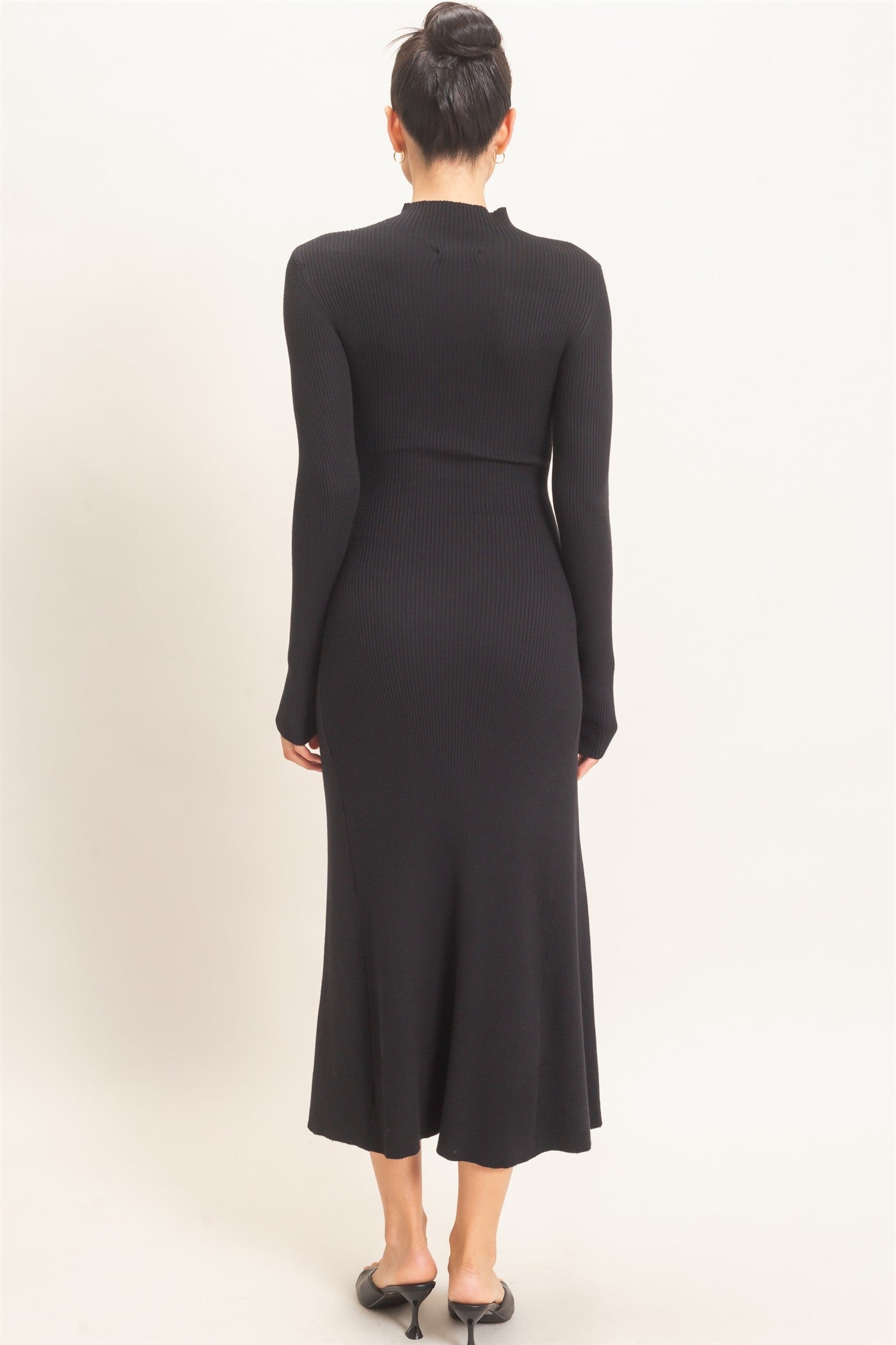 Black Ribbed Mock Neck Long Sleeve Midi Dress