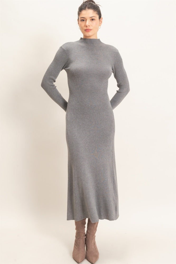 Heather Grey Ribbed Mock Neck Long Sleeve Midi Dress