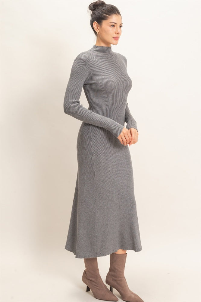 Heather Grey Ribbed Mock Neck Long Sleeve Midi Dress