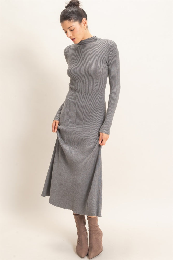 Heather Grey Ribbed Mock Neck Long Sleeve Midi Dress