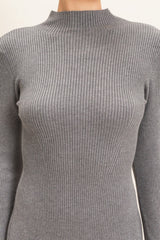 Heather Grey Ribbed Mock Neck Long Sleeve Midi Dress