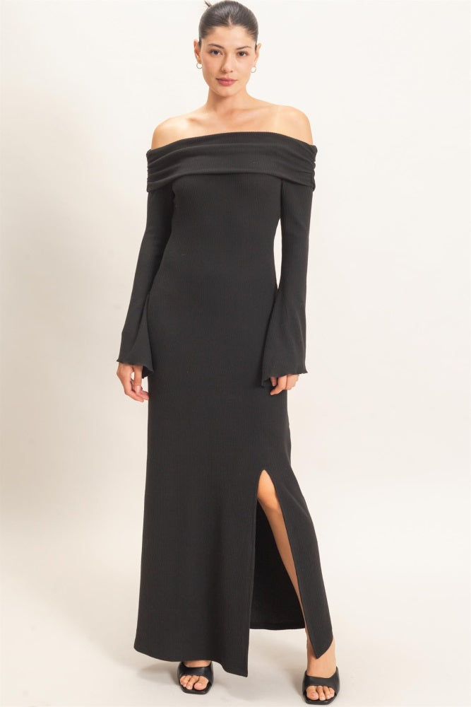 Black Off-Shoulder Long Sleeve Maxi Dress