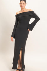 Black Off-Shoulder Long Sleeve Maxi Dress