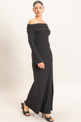 Black Off-Shoulder Long Sleeve Maxi Dress
