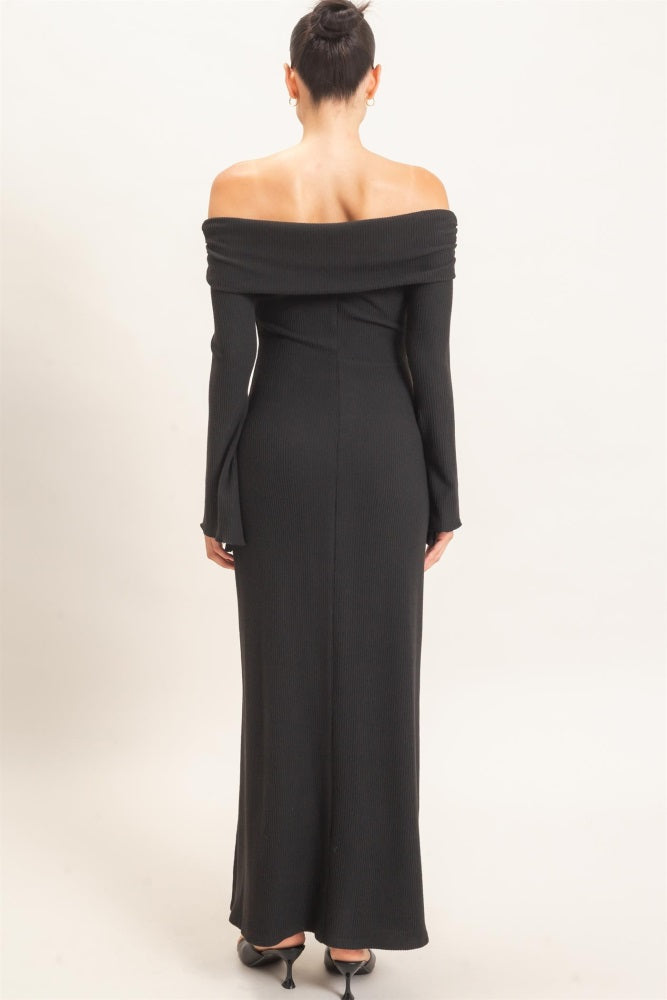 Black Off-Shoulder Long Sleeve Maxi Dress