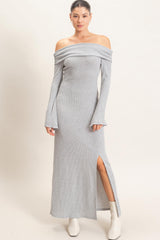 Grey Off-Shoulder Long Sleeve Maxi Dress