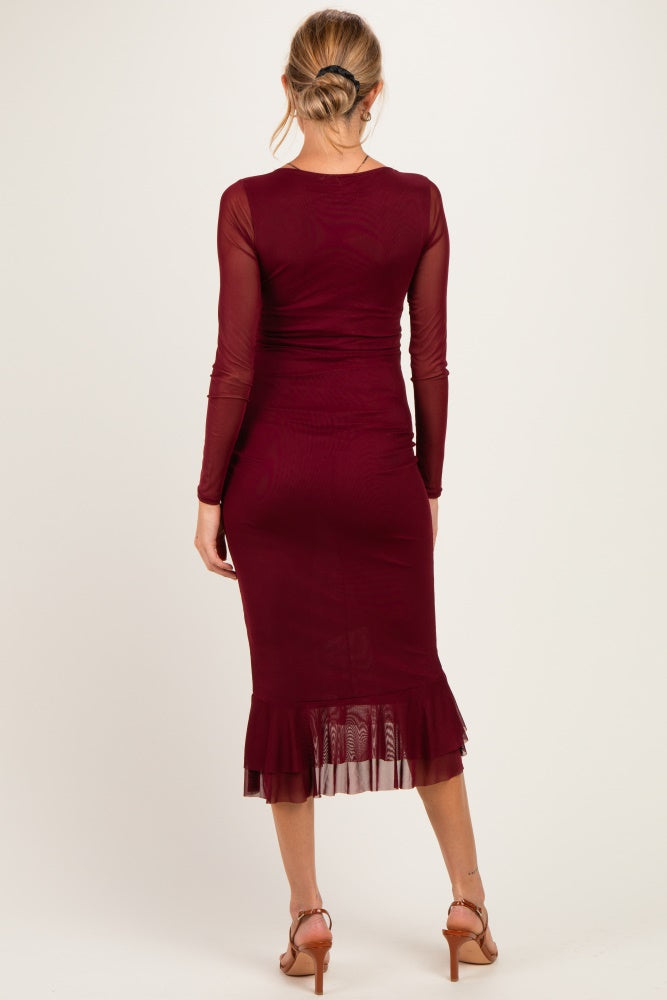 Burgundy Ruched Ruffle Hem Maternity Midi Dress