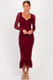 Burgundy Ruched Ruffle Hem Midi Dress