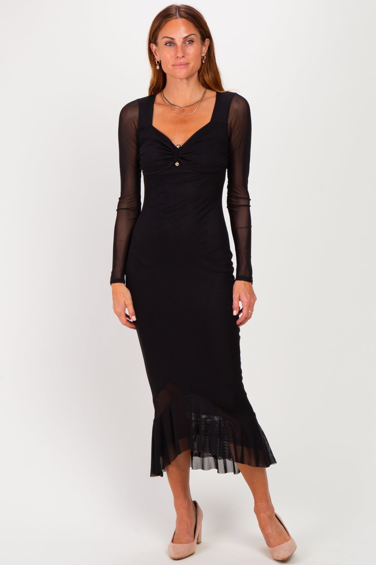 Black Ruched Ruffle Hem Maternity Midi Dress