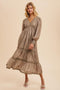 Taupe Floral Lace Trim Floral Midi Dress