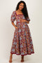 Burgundy Floral Square Neck Puff Sleeve Maternity Midi Dress