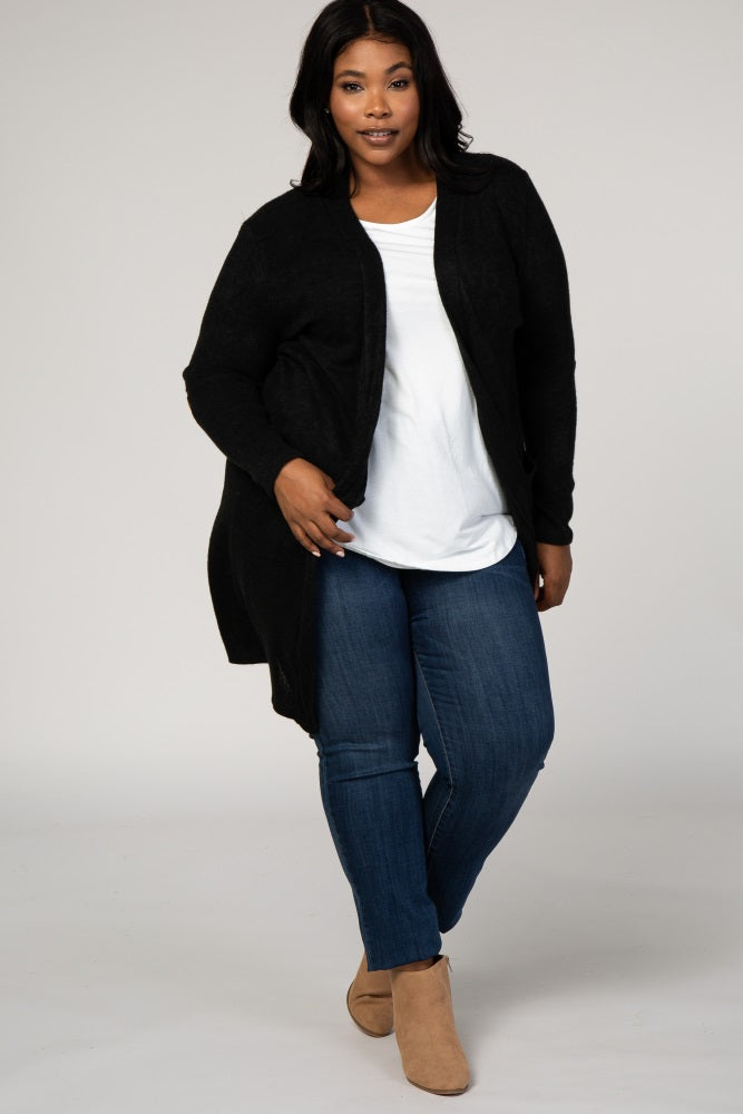 PinkBlush Black Solid Knit Elbow Patch Plus Cardigan