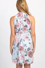 Light Blue Floral High Neck Maternity Dress