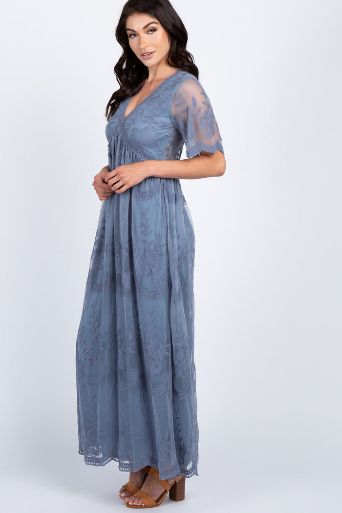 PinkBlush Blue Lace Mesh Overlay Maxi Dress