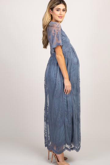 PinkBlush Blue Lace Mesh Overlay Maternity Maxi Dress