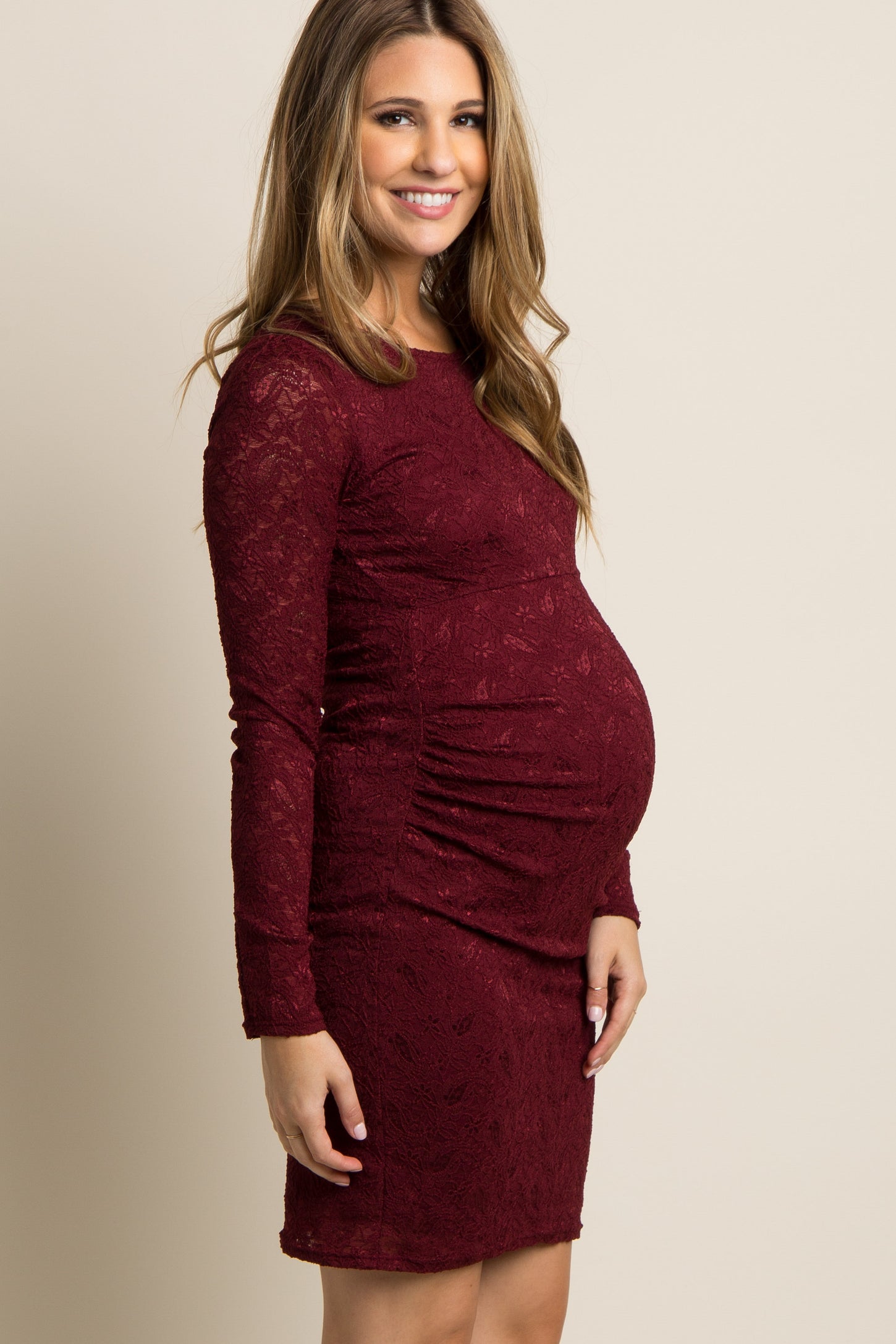 PinkBlush Burgundy Lace Fitted Long Sleeve Maternity Dress