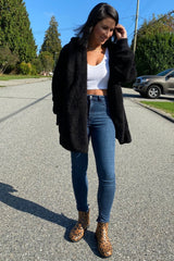 Black Fuzzy Hooded Long Sleeve Jacket