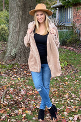 Taupe Fuzzy Hooded Long Sleeve Jacket